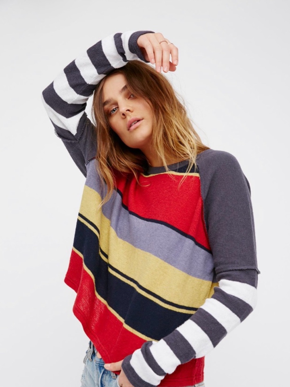 We The Free Colorblock Stripe Crewneck Sweater - Red, Navy & Gray